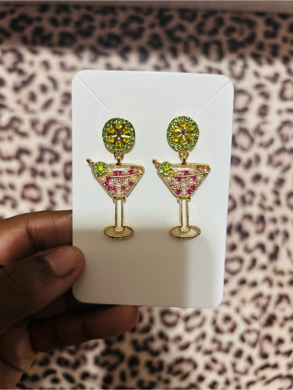 Gold-Tone Pink & Green Martini Drop Earrings